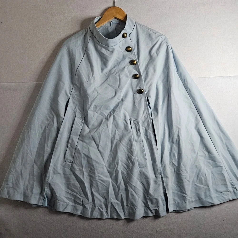 Vintage JCPenney Light Blue Asymmetrical Button Cape Coat with Belt Women Medium